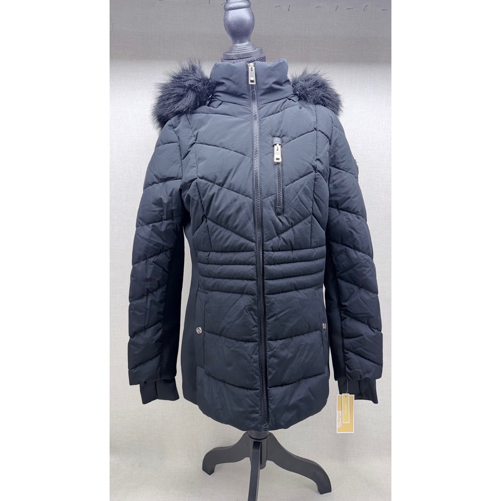 Michael Kors‎ Puffer Jacket Small Black Faux Fur Hood Quilted Winter Coat NEW